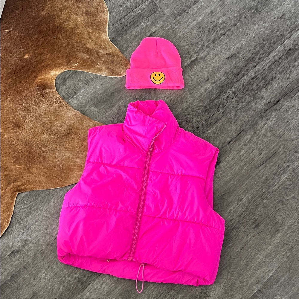 Bright Pink Beanie with Smiley Patch 🙂